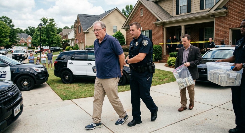 Police escort Arthur Pendelton from his Oakridge Lane home as officers remove bins of cash. Neighbors watched from across the street.